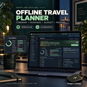May include: A digital offline travel planner displayed on a laptop screen, featuring a dark interface with trip readiness charts, itinerary, bookings, budget, and packing sections. Includes a black mug with text, a notebook, and a luggage tag on a desk.