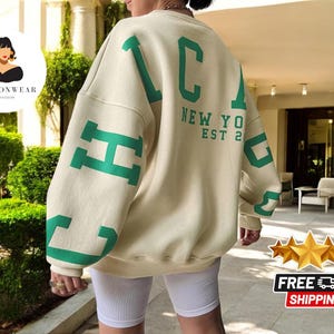 Moletom com estampa de letras de Chicago | Pulôver gráfico oversized | Jaqueta feminina streetwear | Caimento solto retrô | Blusa leve e aconchegante