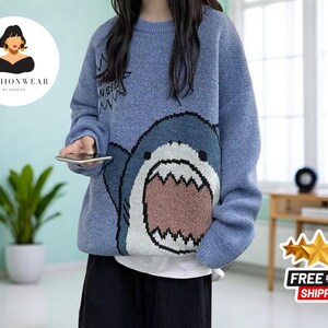 Hai Pullover Männer Winter | Cartoon Strickpullover | Hip Hop lockerer Pullover | Unisex Übergroße Rollkragen | Bequeme leichte Kleidung