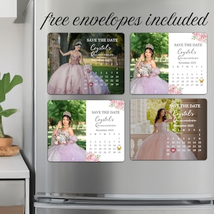 May include: Four rectangular magnets with photos of a woman in a quinceañera dress, with a calendar for November 2025. The text "Save the Date" and "Crystal's Quinceañera" are also included. The words "free envelopes included" are written at the top.