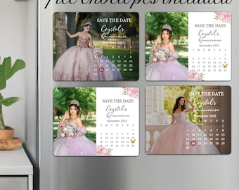 May include: Four rectangular magnets with photos of a woman in a quinceañera dress, with a calendar for November 2025. The text "Save the Date" and "Crystal's Quinceañera" are also included. The words "free envelopes included" are written at the top.