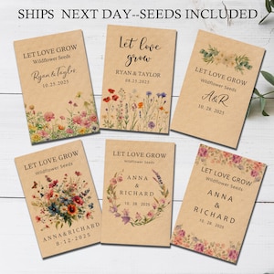 May include: Six brown paper packets with wildflower seeds. Each packet has a different design with a floral illustration and the text "Let Love Grow" with the names of a couple and their wedding date. The text "Ships Next Day - Seeds Included" is at the top of the image.