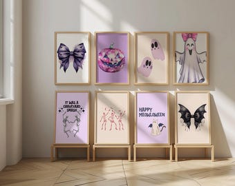 Pink and Purple Halloween Printables, Whimsical Halloween, Dancing Skeltons, Disco Halloween, Halloween Wall Art, Printables, Bundle of 8