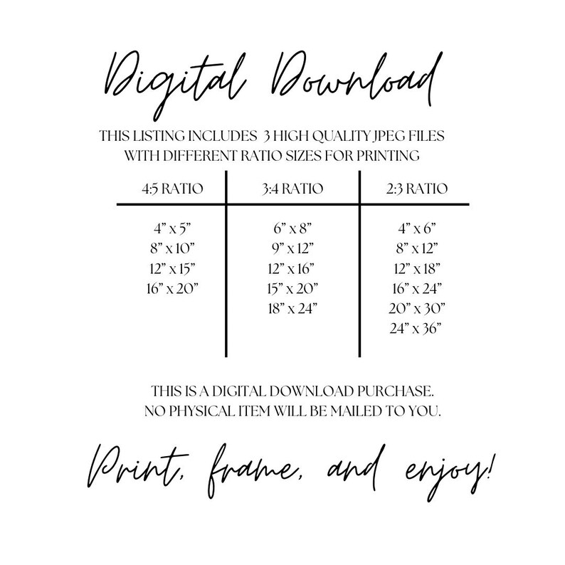 May include: Digital download listing for printable art prints. The listing includes three high-quality JPEG files in different aspect ratios: 4:5, 3:4, and 2:3. The image shows a table with the different print sizes available for each ratio.