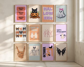 12 Pastel Halloween Prints, Pink Halloween Decor, Halloween Wall Decor, Halloween Printables, Spooky Decor, Halloween Printable Wall