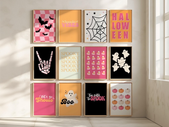 12 Halloween Prints, Halloween Wall Decor, Halloween Printables, Pink Halloween, Spooky Decor, Halloween Printable Wall Decor Bundle