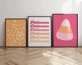Cute Candy Corn, Pink Halloween Printables, Halloween Wall Art, Halloween Posters, Cute Halloween Kids Print, Set of 3, Digital Download