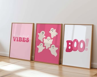 Pink Halloween Wall Prints, Halloween Printables, Cute Ghosts, Spooky Vibes, Boo Halloween, Pinkoween, Halloween Wall Art, Bundle of 3