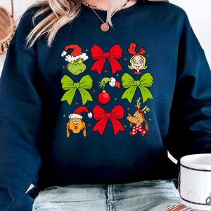 Grinchmas Coquette Bow Sweatshirt, Santa Hat Sweatshirt, Grinchmas Sweatshirt, Christmas Lights Bow Sweatshirt, Women&#39;s Christmas Sweatshirt
