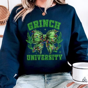Coquette Christmas Bow Sweatshirt, Grinch University Bow Shirt, Merry Christmas Bows Sweater, Grinchmas Sweatshirt, Womens Christmas Shirts