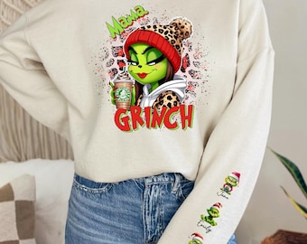 Felpa natalizia personalizzata "Mama Grinch", felpa con nomi per bambini, felpa regalo per la nonna del Grinch, maglione natalizio personalizzato per la mamma.