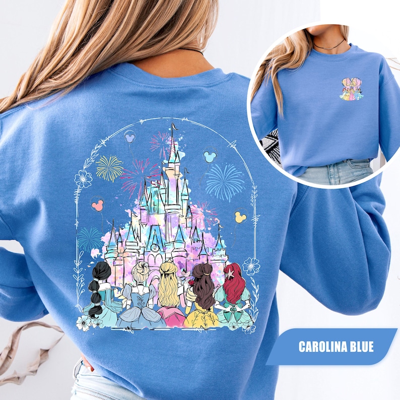 Watercolor Disney Castle Sweatshirt, Disney Princess Tee, Disney World Outfit for Girls, Disneyland Girls Trip Gift, Magical Park Hoodie image 1