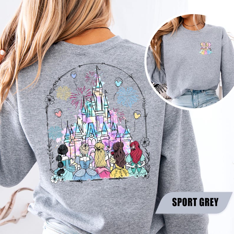 Watercolor Disney Castle Sweatshirt, Disney Princess Tee, Disney World Outfit for Girls, Disneyland Girls Trip Gift, Magical Park Hoodie image 7
