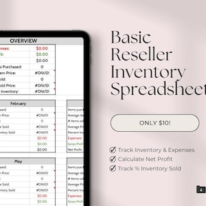 May include: A digital spreadsheet template for tracking reseller inventory and expenses. The spreadsheet includes sections for overview, February, and May. The template is designed to help resellers track their inventory, expenses, and profit. The template is available for $10. The text "Basic Reseller Inventory Spreadsheet" is displayed in a large font at the top of the image.