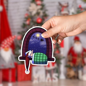 Naklejki z wycinanymi buziakami świątecznymi elfami, słodki śpiący elf obok okna, dekoracje świąteczne, naklejki do planera, naklejki do scrapbookingu