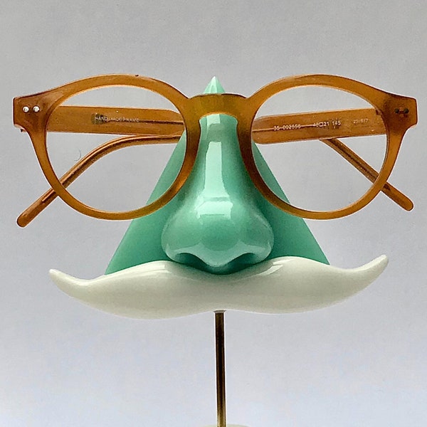 Mint Green Nose Eyeglass Stand, White Mustache, Geeky Nerd Book Lover Gift