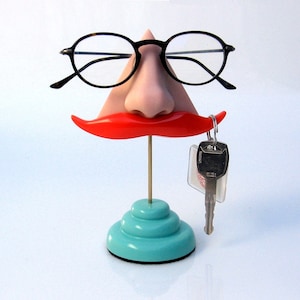 Nose Eyeglasses Gadget Stand, desk accessory, Ginger Mustache Key Hook, functional figurine, men, Father, quirky odd funny beautiful image 1