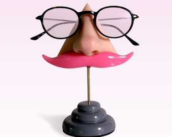 Eyewear holder, Nose eyeglasses display, Pink mustashe, Key hook, Glasses stand, Women, Men