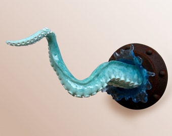 Octopus arm Sculpture, tentacle art object, teal tentacle, rusty porthole, wall decor, boyfriend gift