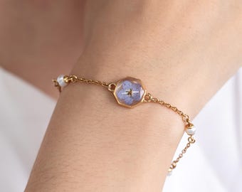 Bracciale con perle "Non ti scordar di me", bracciale con fiori veri, bracciale da donna, resina esagonale, gioiello per tutti i giorni, bracciale personalizzato, regalo per lei
