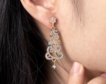 Dainty Christmas Jewelry, Diamond Christmas Tree Earrings, Christmas Party Jewelry, Christmas Earrings, Holiday Gift, Christmas Gift for Her