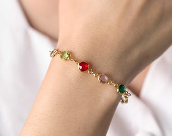 Bracciale con pietre preziose colorate, gioielli con pietre portafortuna multicolore, bracciale in oro delicato, regalo portafortuna per lei