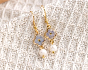 Forget Me Not Pearl Earrings, Resin Flower Earrings, Miscarriage Gift, Earrings for Women, Personalized Forget Me Not Gift, Mom Gift