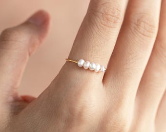 Thin Band Ring With Five Pearls, Pearls Rings, Real Freshwater Pearls Ring, Bridal Ring, Wedding Jewelry, Gift for Bridal, Gift for Her