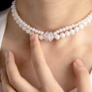 2 Layered Pearl Choker, Natural Freshwater Pearl Choker, Custom Bridal Necklace, Wedding Jewelry, Christmas Gift for Her, Gift for Bridal