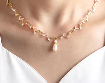 Custom Bridal Necklace, Diamond Leaf Pearl Necklace, Freshwater Pearl Jewelry, Women's Necklace, Wedding Necklace, Bridal Gift, Gift for Her