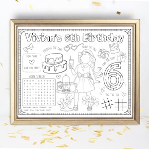 May include: A framed black and white coloring page for a 6th birthday. The page includes the text "Vivian's 6th Birthday", a word search, a maze, and other activities. The frame is gold.