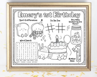 Hoja de actividades de cumpleaños estilo kawaii / Tarta y peluches (Descarga digital)