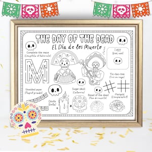 Hoja de actividades del Día de Muertos Día de los Muertos / Hoja de trabajo bilingüe de educación en el hogar de Muertos / Tapete de mesa de favor de fiesta de Muertos / Actividad para colorear