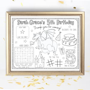 Activiteitenblad Drakenfeestkleuring | Afdrukbare placemat verjaardagsfeestje met drakenthema | Werkblad Draak | Gepersonaliseerde feestbedankje