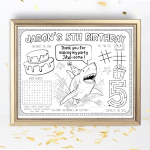 Shark Birthday Party Coloring Activity Sheet | Printable Shark Party Placemat | Shark Themed Party Activity | Personalized Shark Party Favor