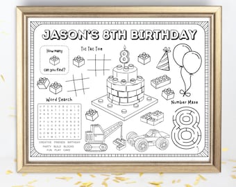 Personalized Building Blocks Birthday Party Activity Sheet | Vehicles Themed Party | Blocks Games Coloring Placemat | Party Favor