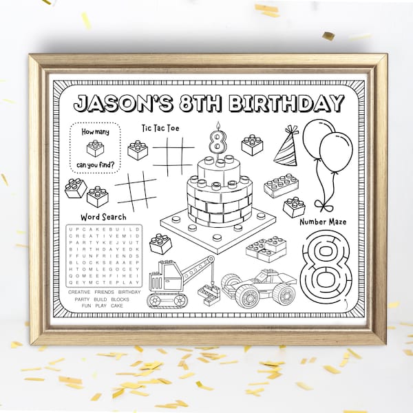 Personalized Building Blocks Birthday Party Activity Sheet | Vehicles Themed Party | Blocks Games Coloring Placemat | Party Favor