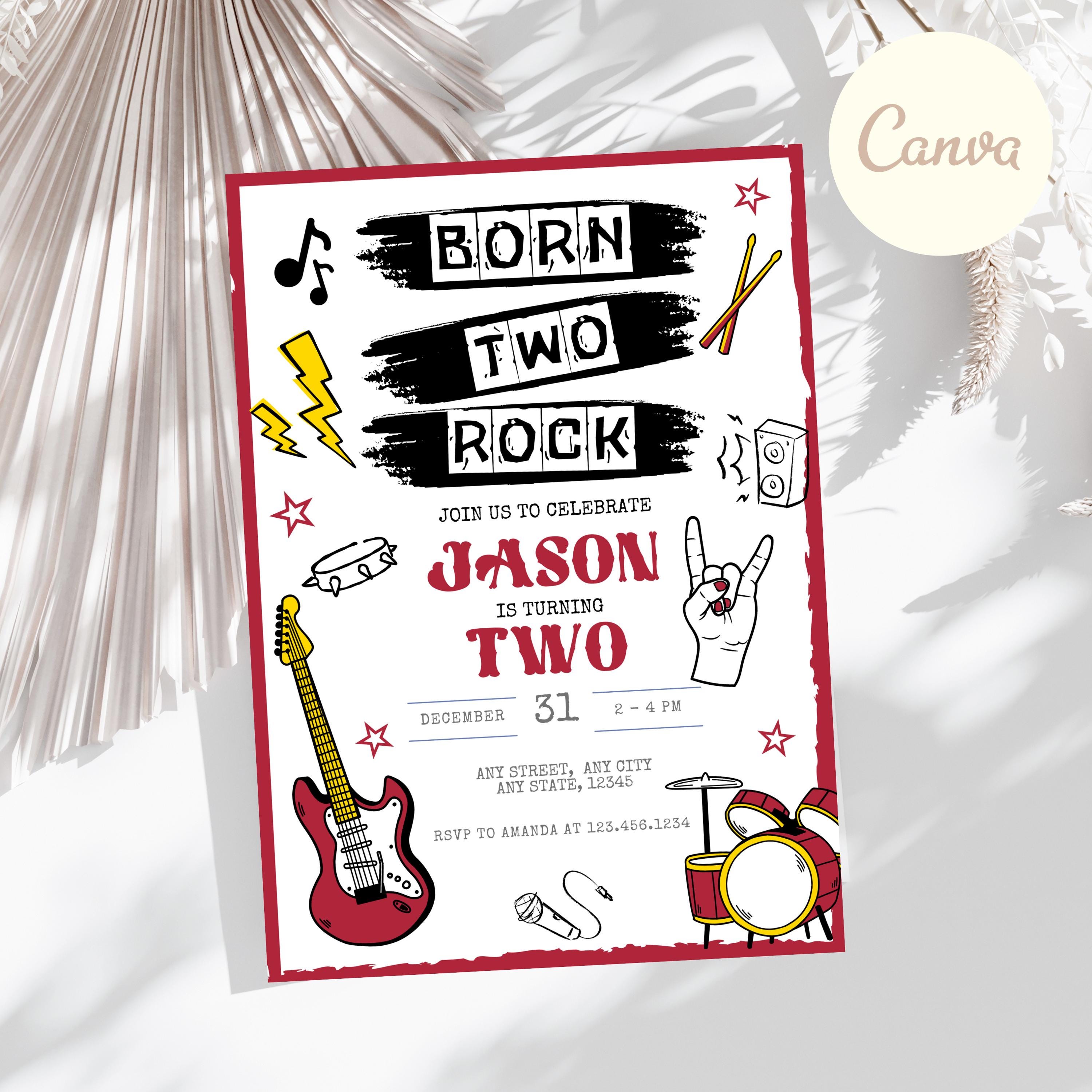 Editable Born to Rock Digital Invitation Template Born TWO Rock Party ...