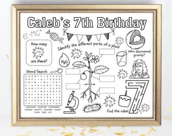 Hoja de actividades personalizadas de cumpleaños con temática STEM / Mantel individual para fiesta científica (PDF imprimible)