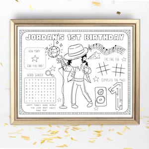 May include: A black and white printable activity sheet for a 1st birthday party. The sheet features a cartoon image of a person singing into a microphone, a word search, a tic-tac-toe game, and a maze. The text "JORDAN'S 1ST BIRTHDAY" is at the top of the sheet.