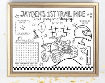 Feuille d'activités pour fête d'anniversaire de VTT | Set de table à colorier personnalisé (téléchargement numérique)