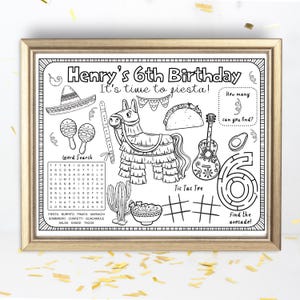 Op de afbeelding: Zwart-witte printbare activiteitenblad voor een 6e verjaardagsfeest met een Mexicaans fiesta-thema. Het blad bevat een woordzoeker, een tic-tac-toe spel, een doolhof en een telspel. De tekst op het blad luidt "Henry's 6th Birthday It's time to fiesta! How many can you find? Find the avocado!"