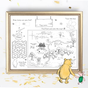 Classic Pooh Birthday Party Sheet |  Winnie Pooh Themed Placemat | 100 Acre Wood Party Favor Table Coloring Mat | Activity Sheet