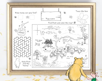 Jogo americano para colorir do aniversário do Ursinho Pooh | Mapa do Bosque dos Cem Acres (PDF para imprimir)