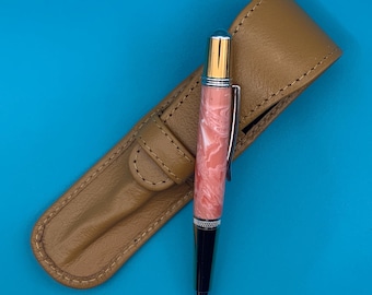 Handmade Trustone Ballpoint Pen: Titanium Gold, Leather Pouch. Perfect for Mother’s Day!