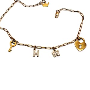 HW Initialen Zirkonia, Fusskette, Schloss, Schlüssel, Krone, Edelstahl Gold, Anklet Stainless Steel
