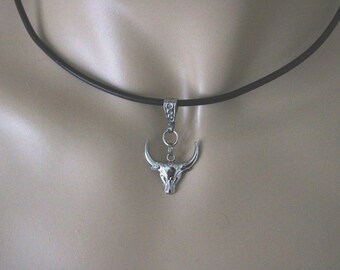 Stainless steel necklace with bull pendant, silver, skull necklace, stainless steel