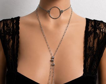 Stainless steel layered necklace with O-ring choker - Y-necklace - key & lock pendant - adjustable, statement jewelry, hotwife style