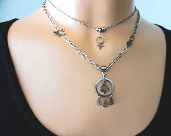 Double-layered stainless steel chain – Venus symbol, butterfly, infinity & SUB letters