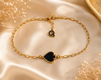 Queen of Spades Anklet – Handmade Stainless Steel Gold Anklet with Black Spade & Q Pendant